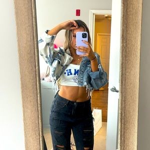 Cropped destroyed bleach/acid wash denim jacket